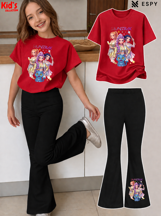 Trendy Girls Printed Co-Ord Set with Flared Pants