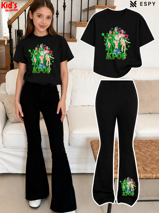 Trendy Girls Printed Co-Ord Set with Flared Pants