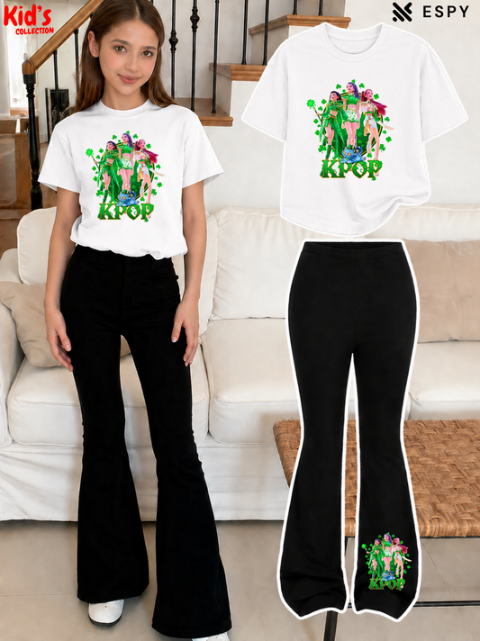 Trendy Girls Printed Co-Ord Set with Flared Pants