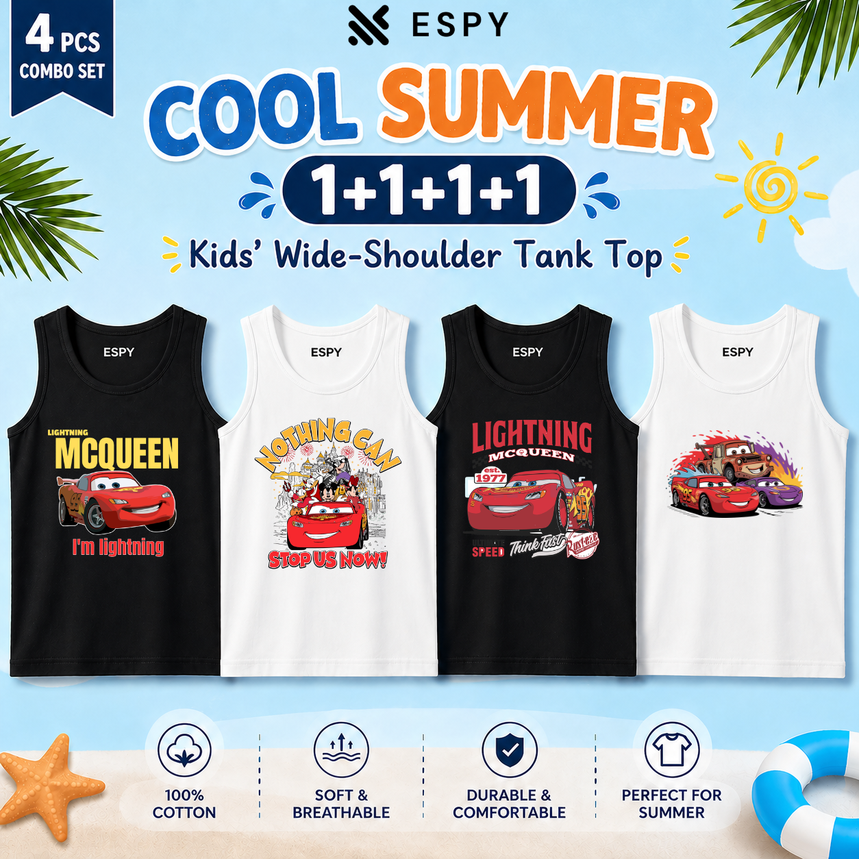 Boys & Girls Sleeveless Tank Tops – 4 PCS Cotton Combo Set