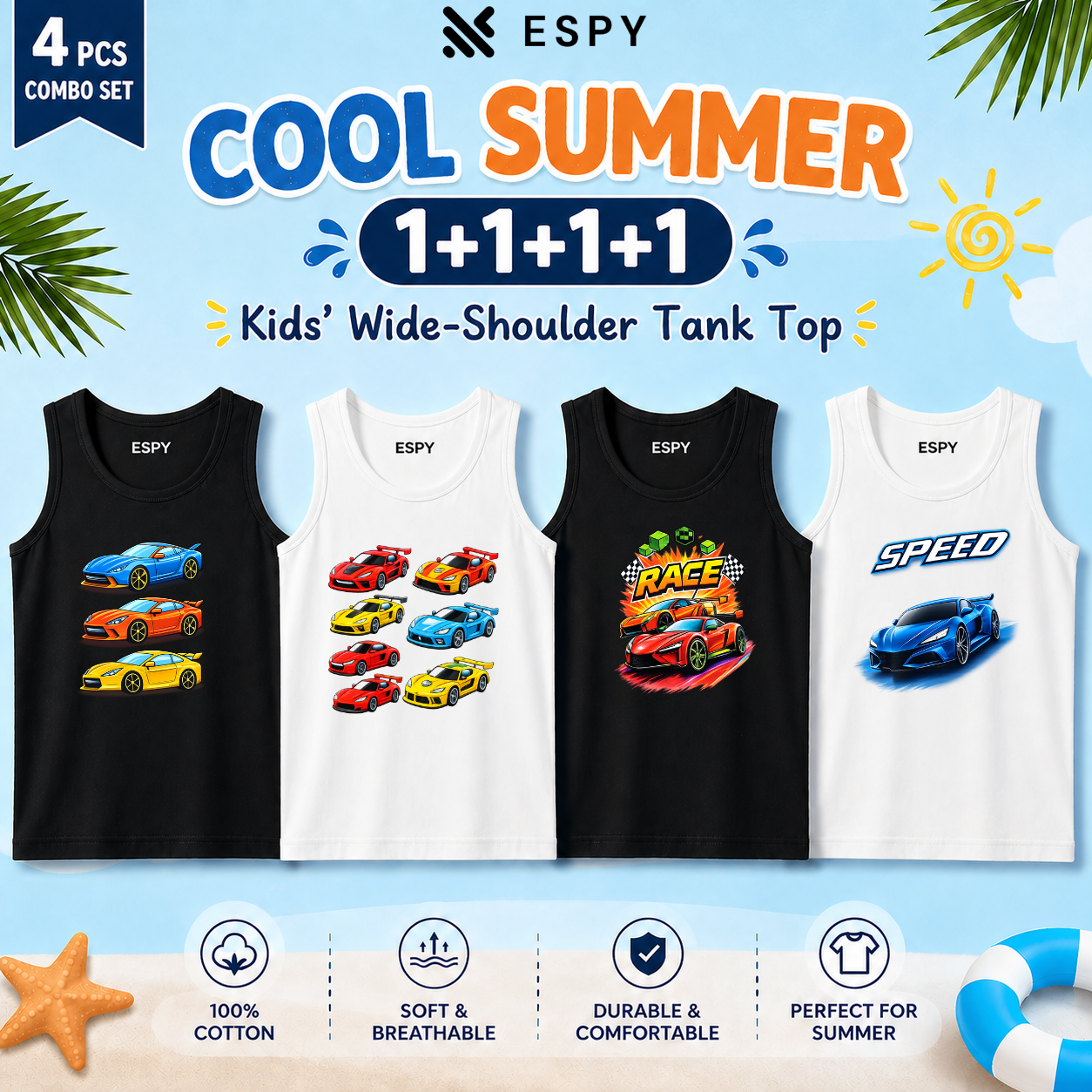 Boys & Girls Sleeveless Tank Tops – 4 PCS Cotton Combo Set