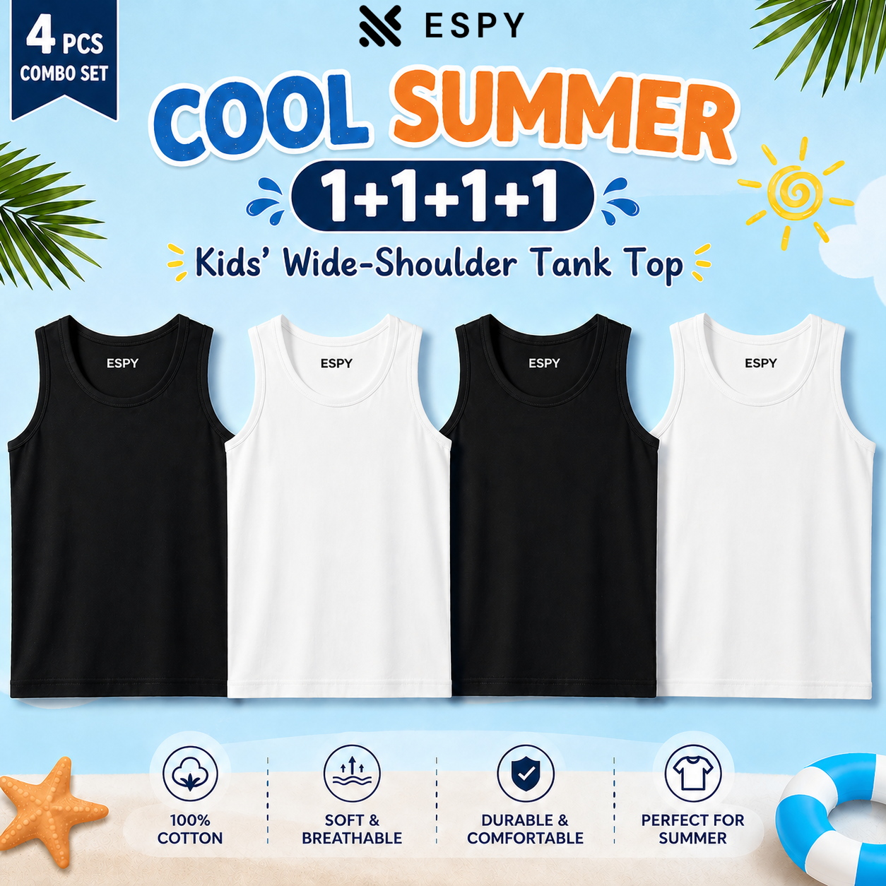 Boys & Girls Sleeveless Tank Tops – 4 PCS Cotton Combo Set