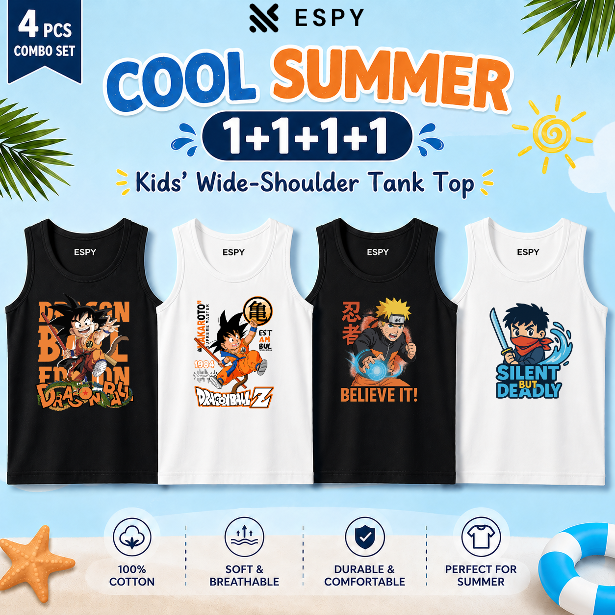Boys & Girls Sleeveless Tank Tops – 4 PCS Cotton Combo Set