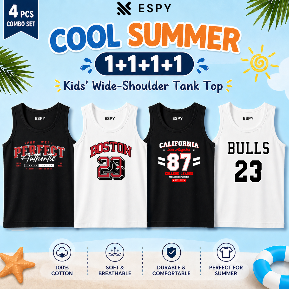 Boys & Girls Sleeveless Tank Tops – 4 PCS Cotton Combo Set