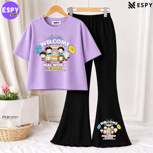 Trendy Women’s Co-Ord Set – Loose Fit Tee & Bootcut Pants