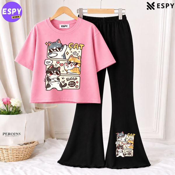 Trendy Women’s Co-Ord Set – Loose Fit Tee & Bootcut Pants