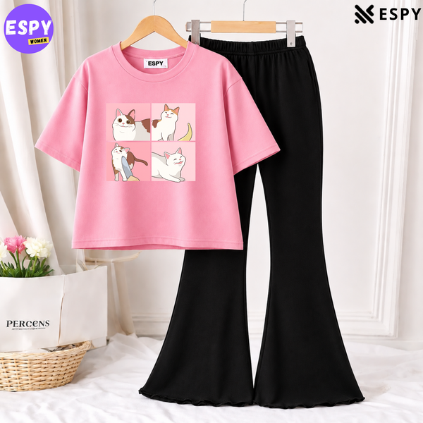 Trendy Women’s Co-Ord Set – Loose Fit Tee & Bootcut Pants