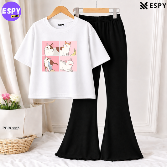 Trendy Women’s Co-Ord Set – Loose Fit Tee & Bootcut Pants