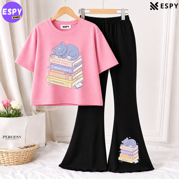 Trendy Women’s Co-Ord Set – Loose Fit Tee & Bootcut Pants