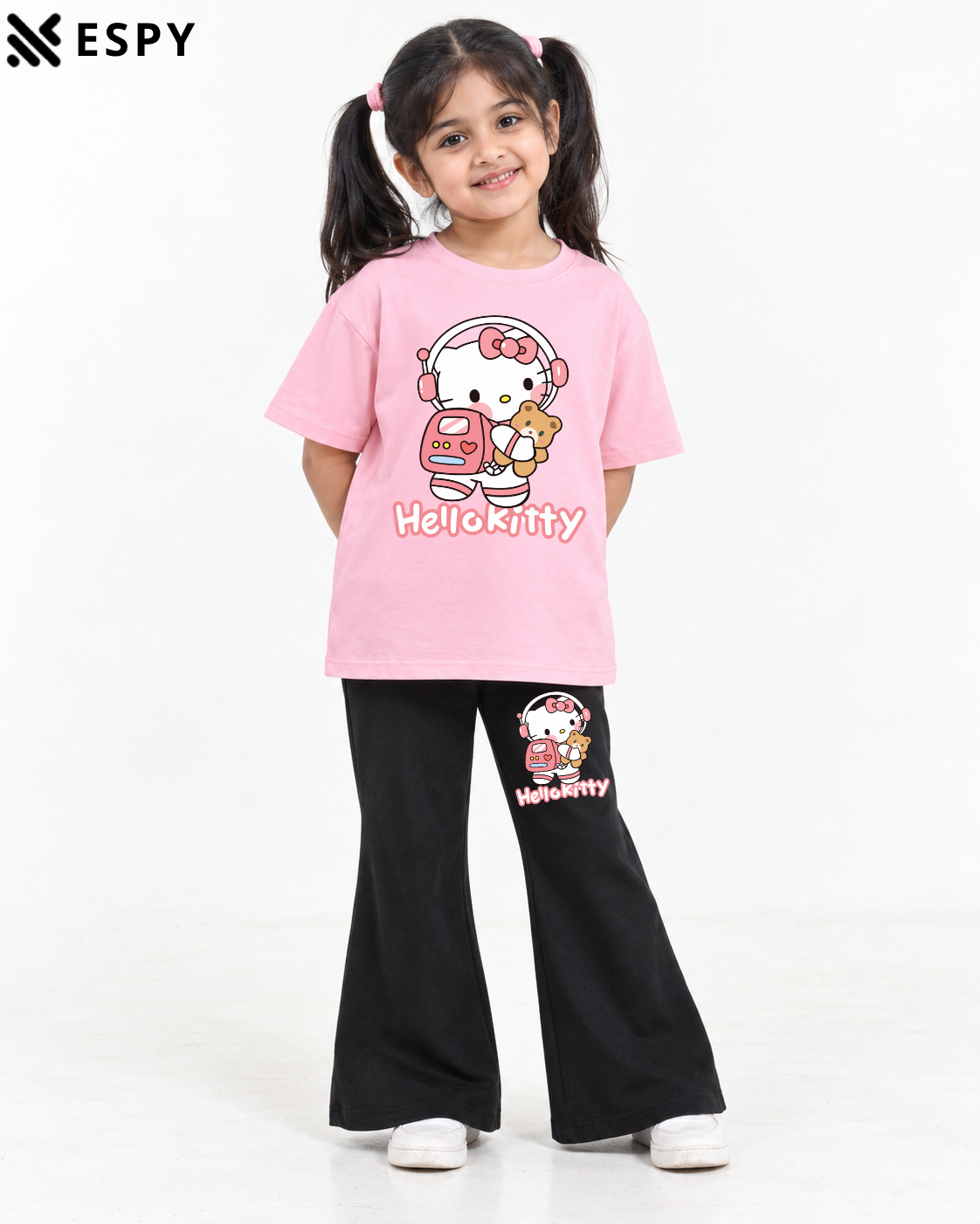 Trendy Hello Kitty Girls 2-Piece Co-Ord Set with Black Flared Pants