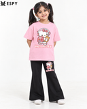 Trendy Hello Kitty Girls 2-Piece Co-Ord Set with Black Flared Pants
