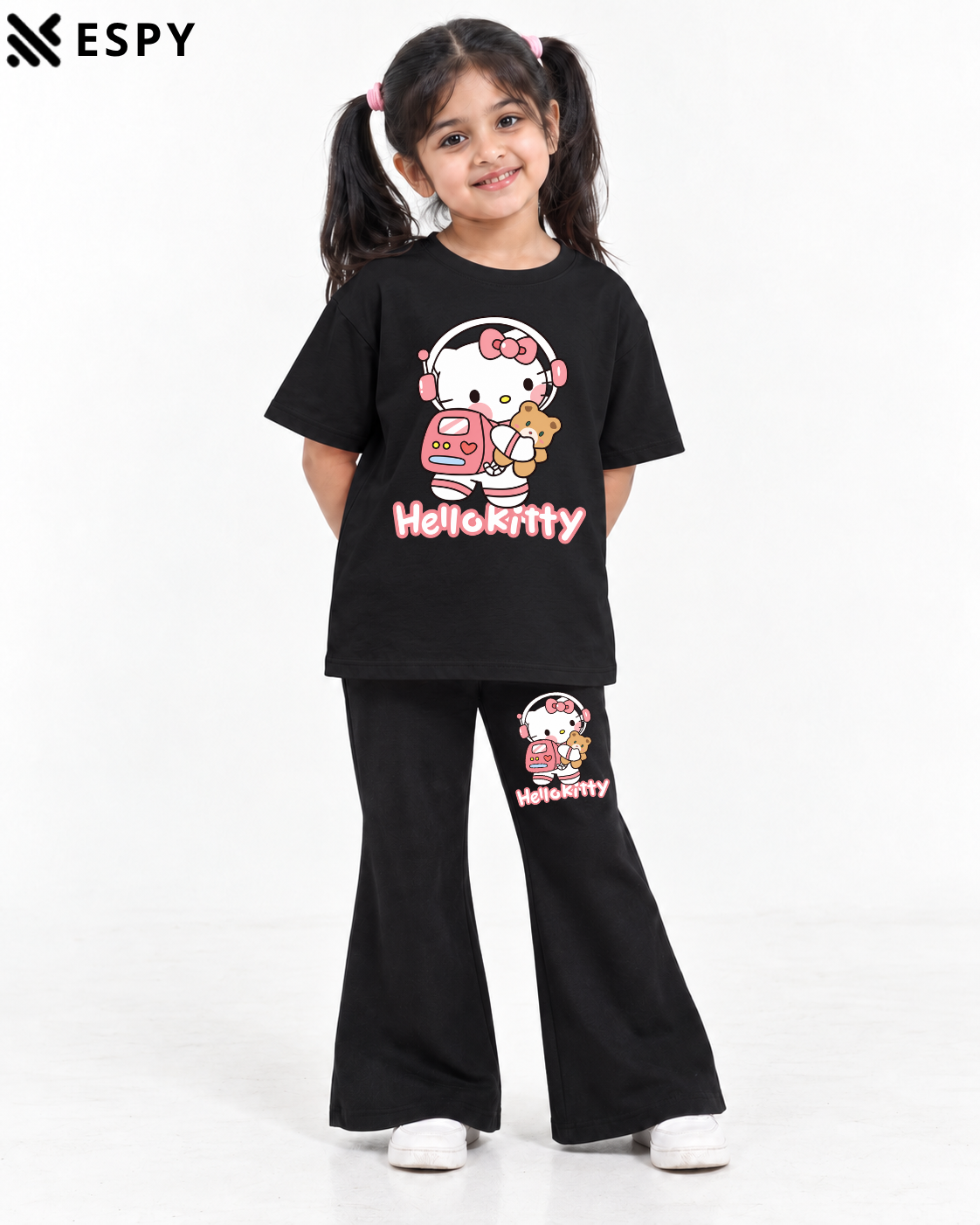 Trendy Hello Kitty Girls 2-Piece Co-Ord Set with Black Flared Pants
