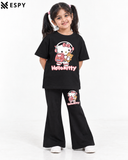 Trendy Hello Kitty Girls 2-Piece Co-Ord Set with Black Flared Pants