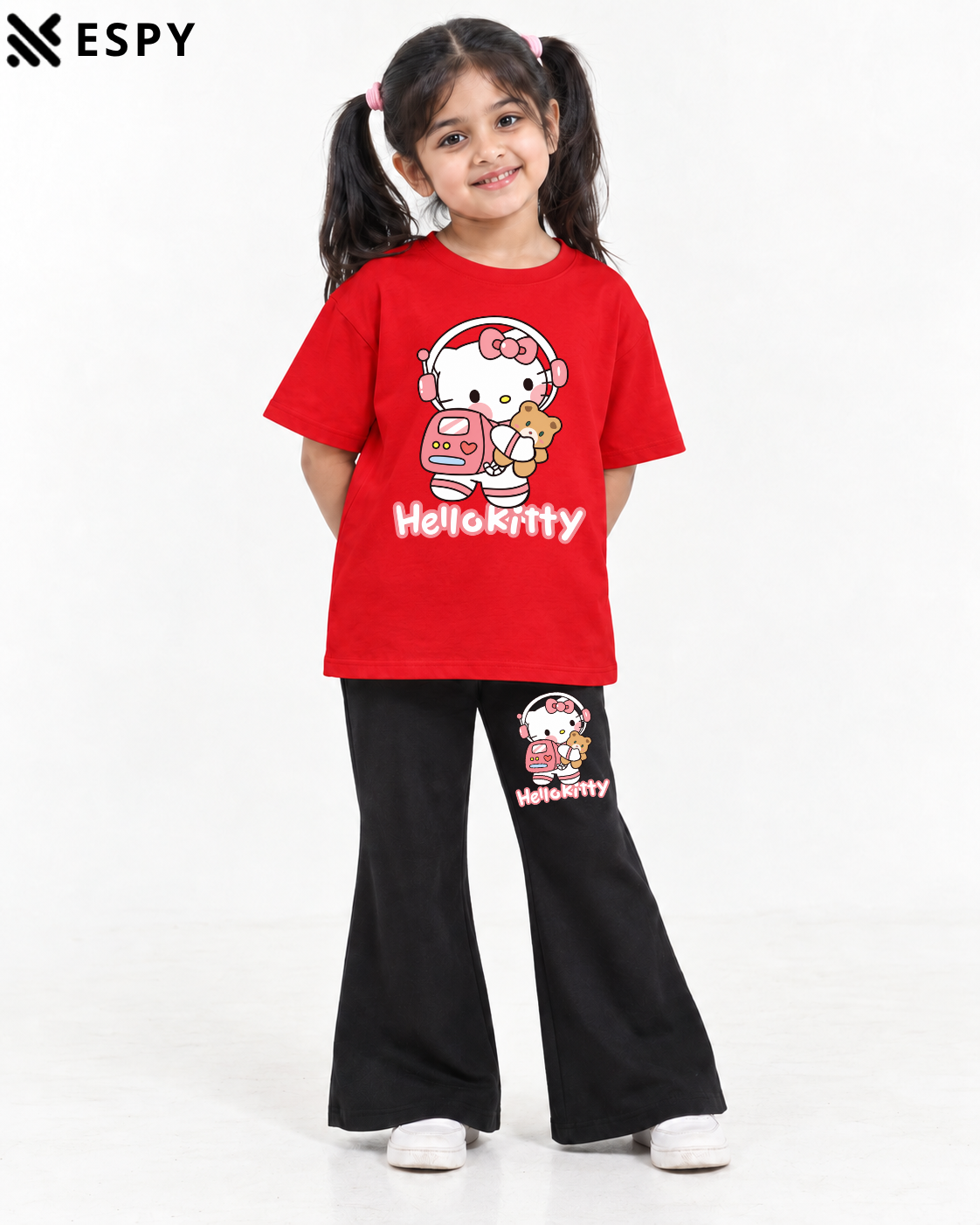 Trendy Hello Kitty Girls 2-Piece Co-Ord Set with Black Flared Pants