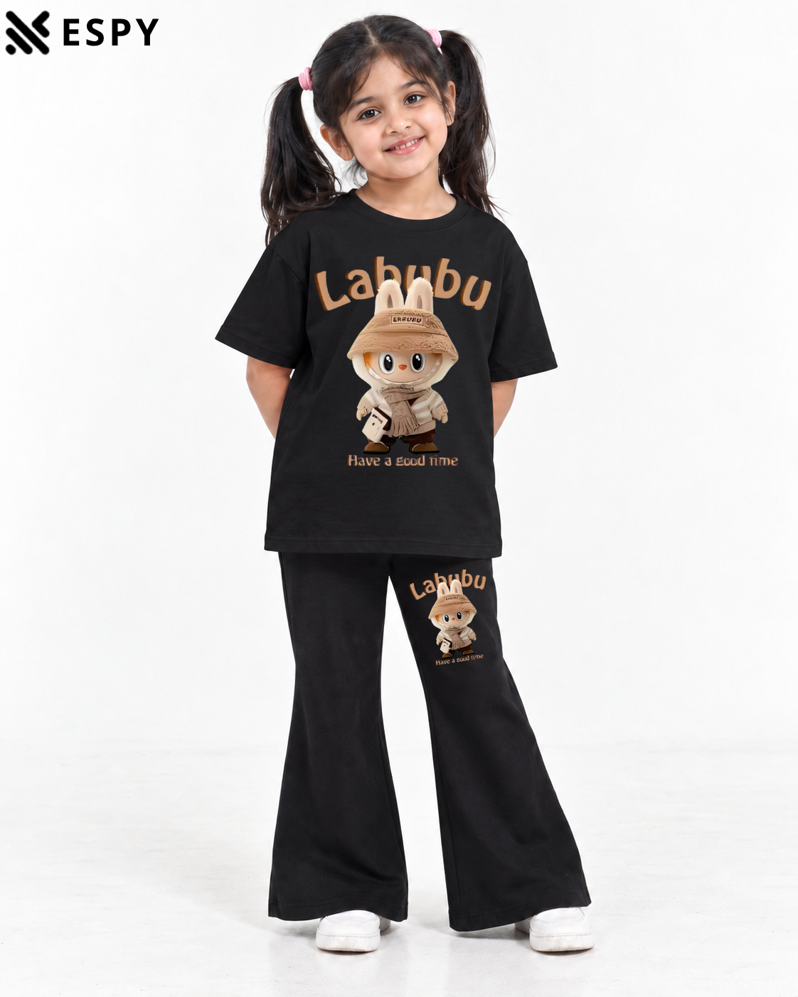 Trendy Labubu Girls 2-Piece Co-Ord Set with Black Flared Pants