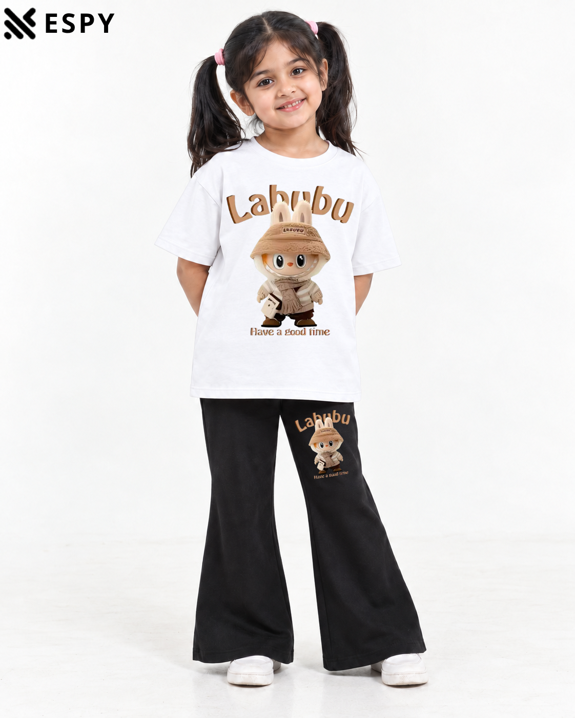 Trendy Labubu Girls 2-Piece Co-Ord Set with Black Flared Pants