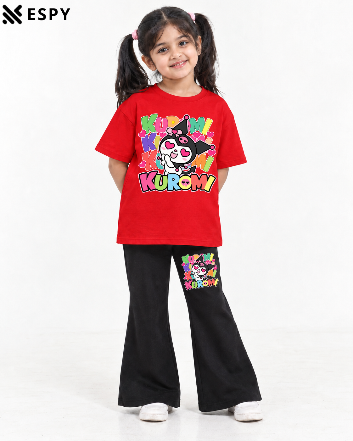 Trendy Kuromi Girls 2-Piece Co-Ord Set with Black Flared Pants