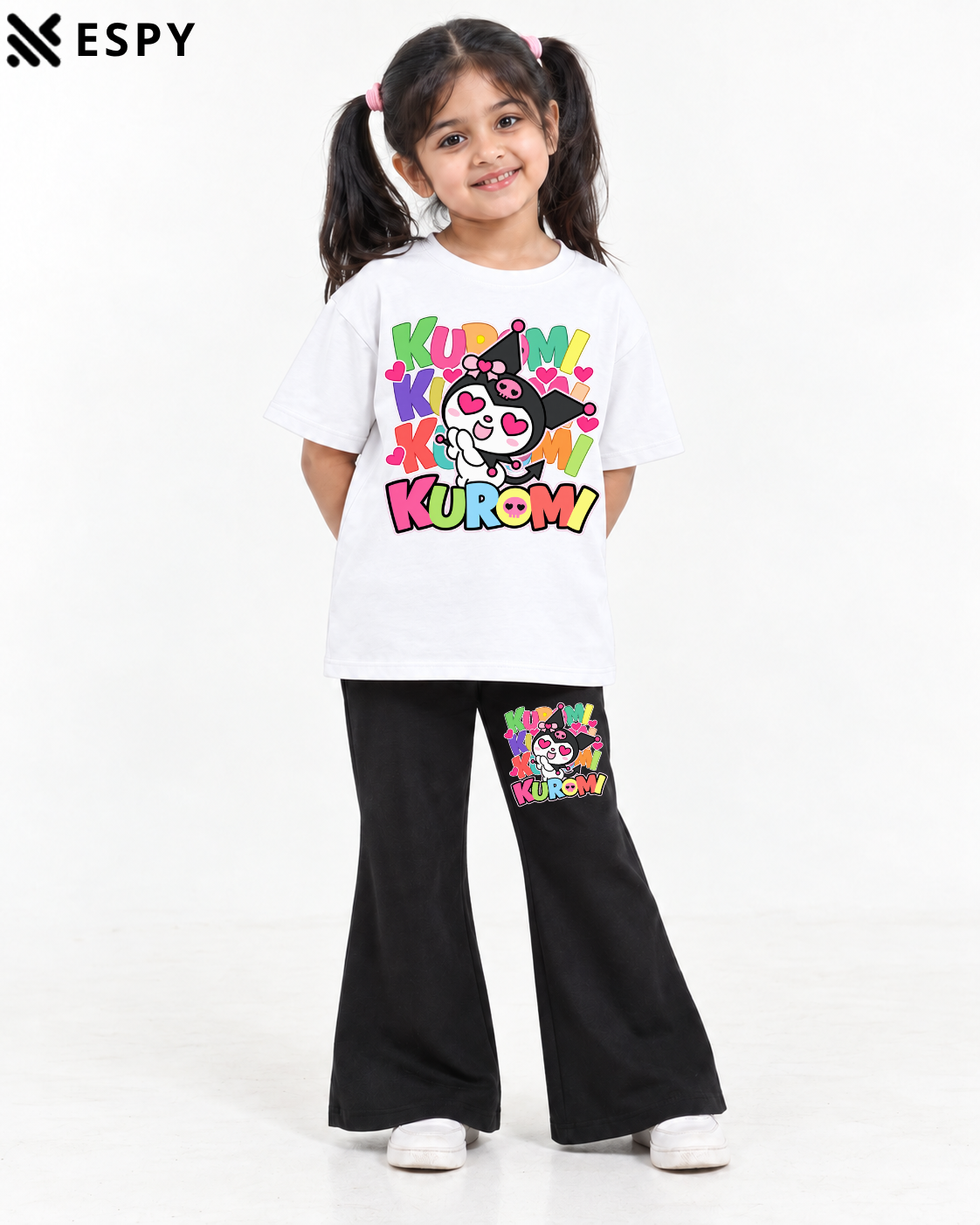 Trendy Kuromi Girls 2-Piece Co-Ord Set with Black Flared Pants