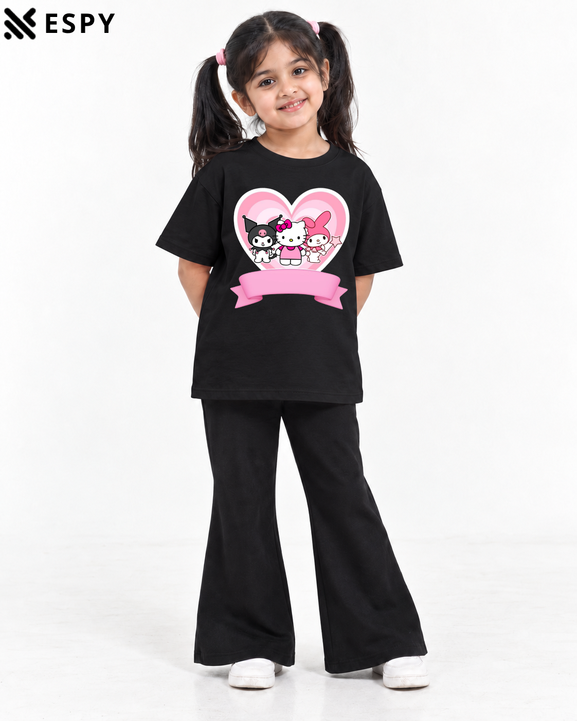Trendy Kuromi Girls 2-Piece Co-Ord Set with Black Flared Pants