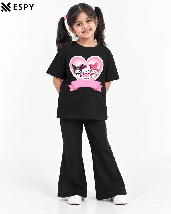 Trendy Kuromi Girls 2-Piece Co-Ord Set with Black Flared Pants