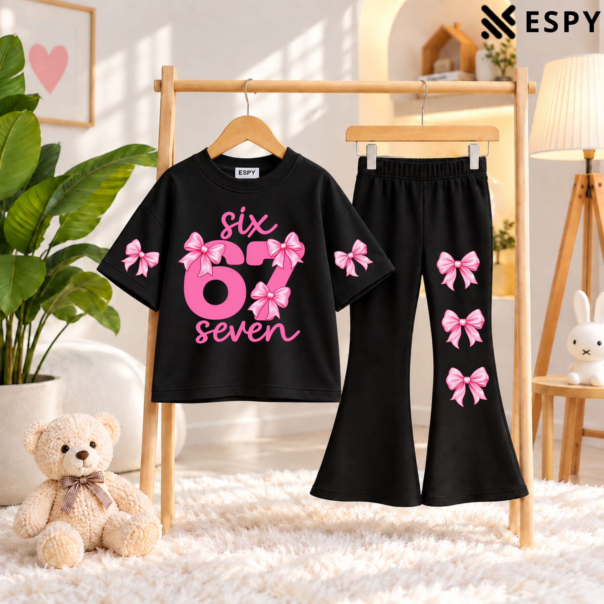 Girls Bow Print Drop Shoulder T-Shirt & Black Flared Pants 2-Piece Outfit Set