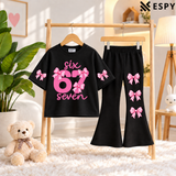 Girls Bow Print Drop Shoulder T-Shirt & Black Flared Pants 2-Piece Outfit Set