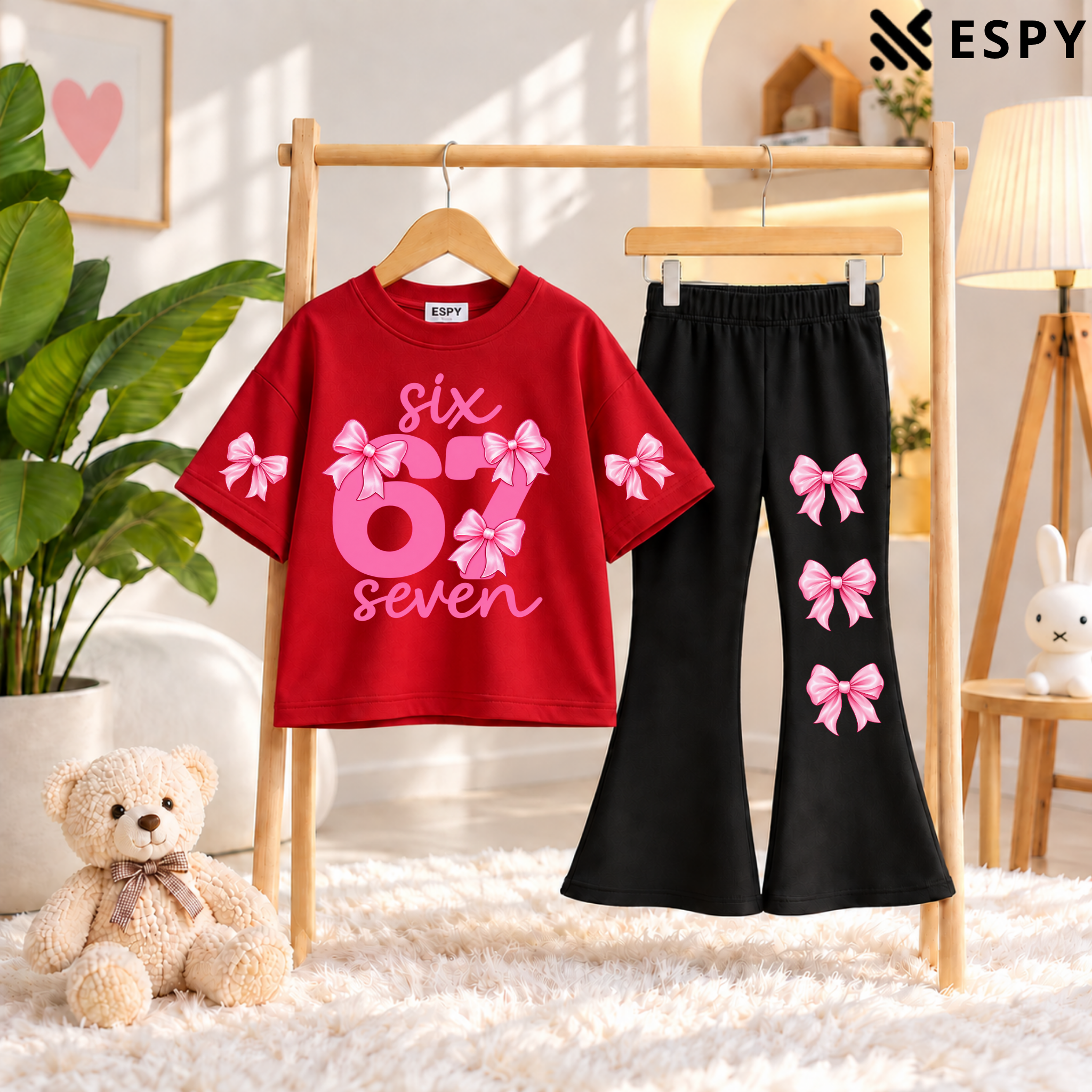 Girls Bow Print Drop Shoulder T-Shirt & Black Flared Pants 2-Piece Outfit Set