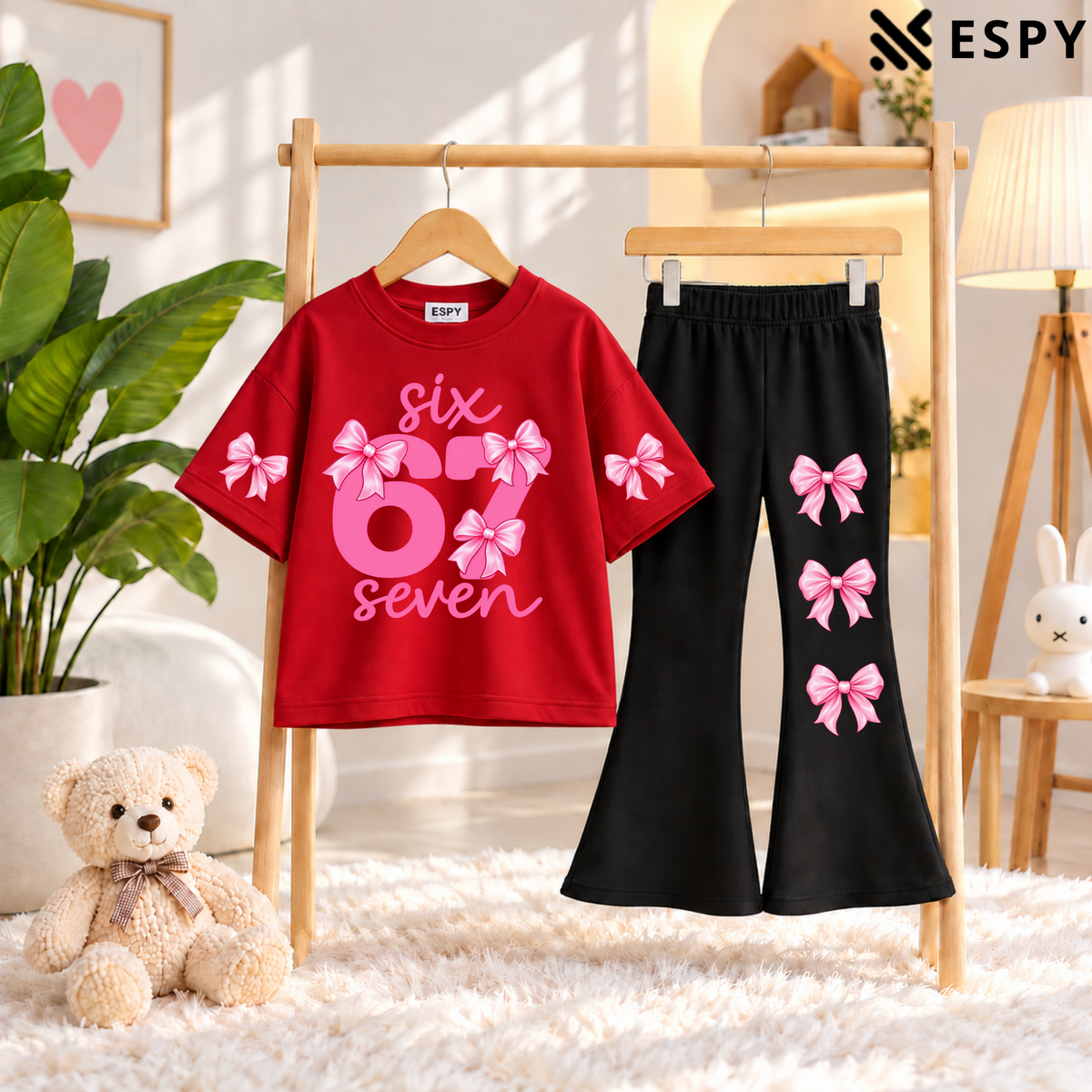 Girls Bow Print Drop Shoulder T-Shirt & Black Flared Pants 2-Piece Outfit Set