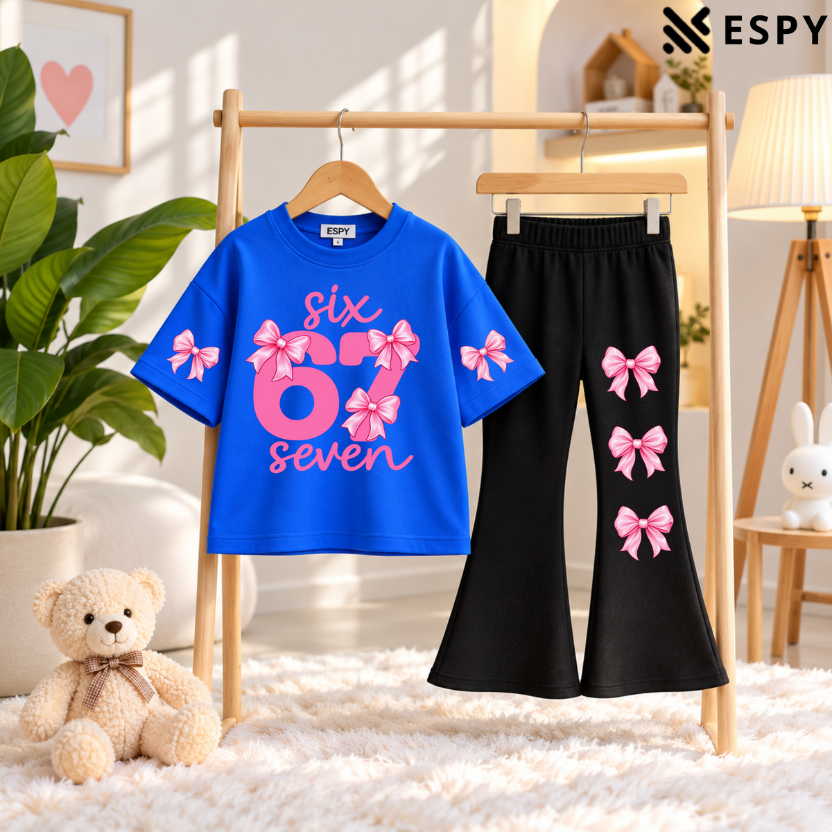 Girls Bow Print Drop Shoulder T-Shirt & Black Flared Pants 2-Piece Outfit Set