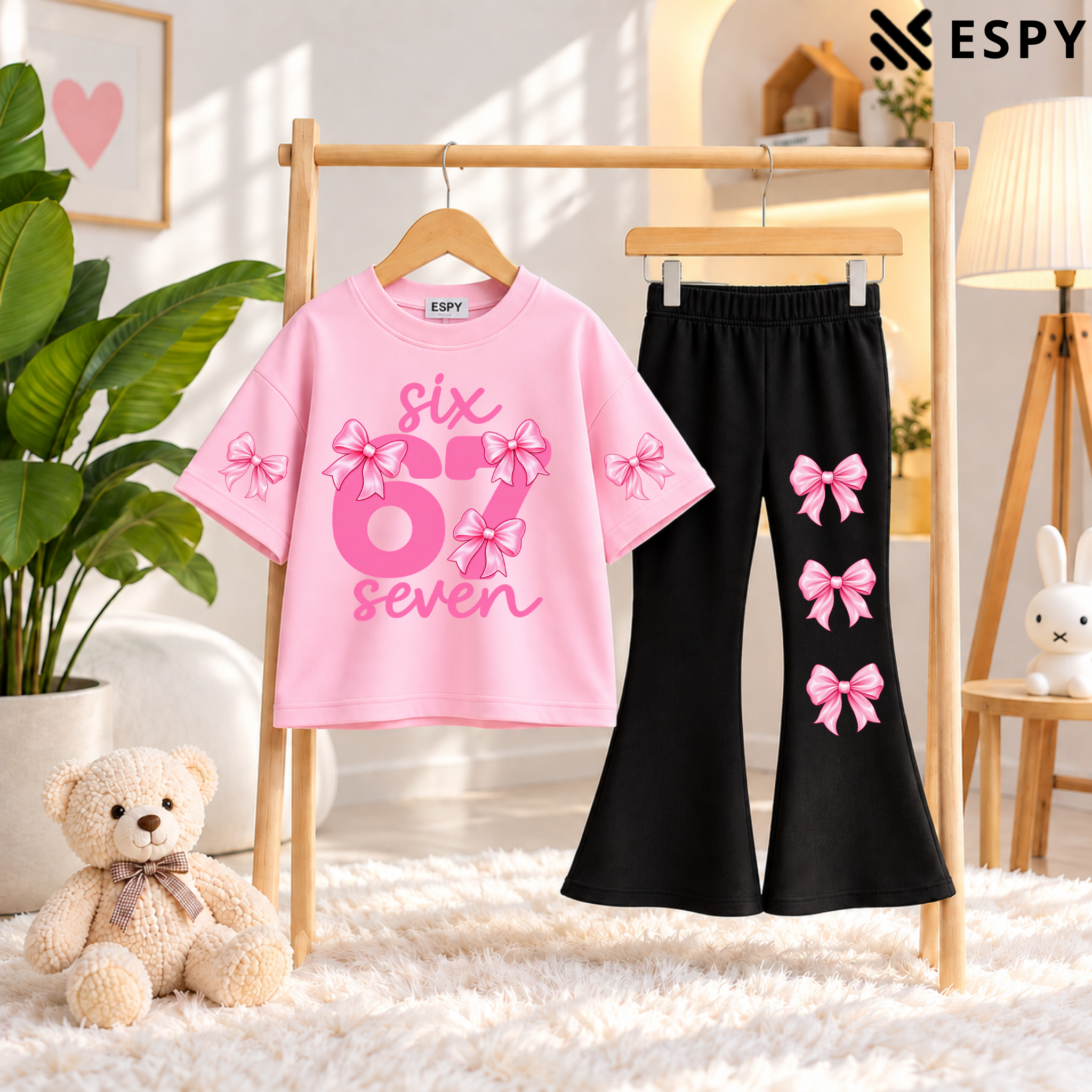 Girls Bow Print Drop Shoulder T-Shirt & Black Flared Pants 2-Piece Outfit Set