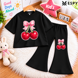 Girls Cherry Print Drop Shoulder T-Shirt & Black Flared Pants 2-Piece Outfit Set