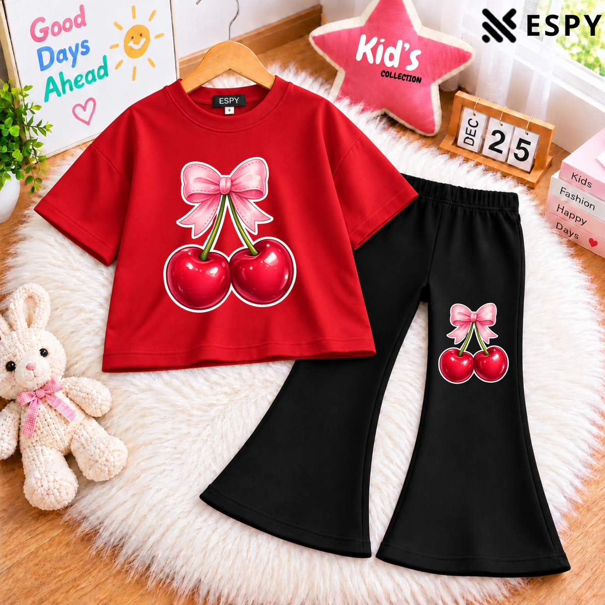 Girls Cherry Print Drop Shoulder T-Shirt & Black Flared Pants 2-Piece Outfit Set
