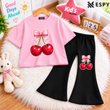 Girls Cherry Print Drop Shoulder T-Shirt & Black Flared Pants 2-Piece Outfit Set