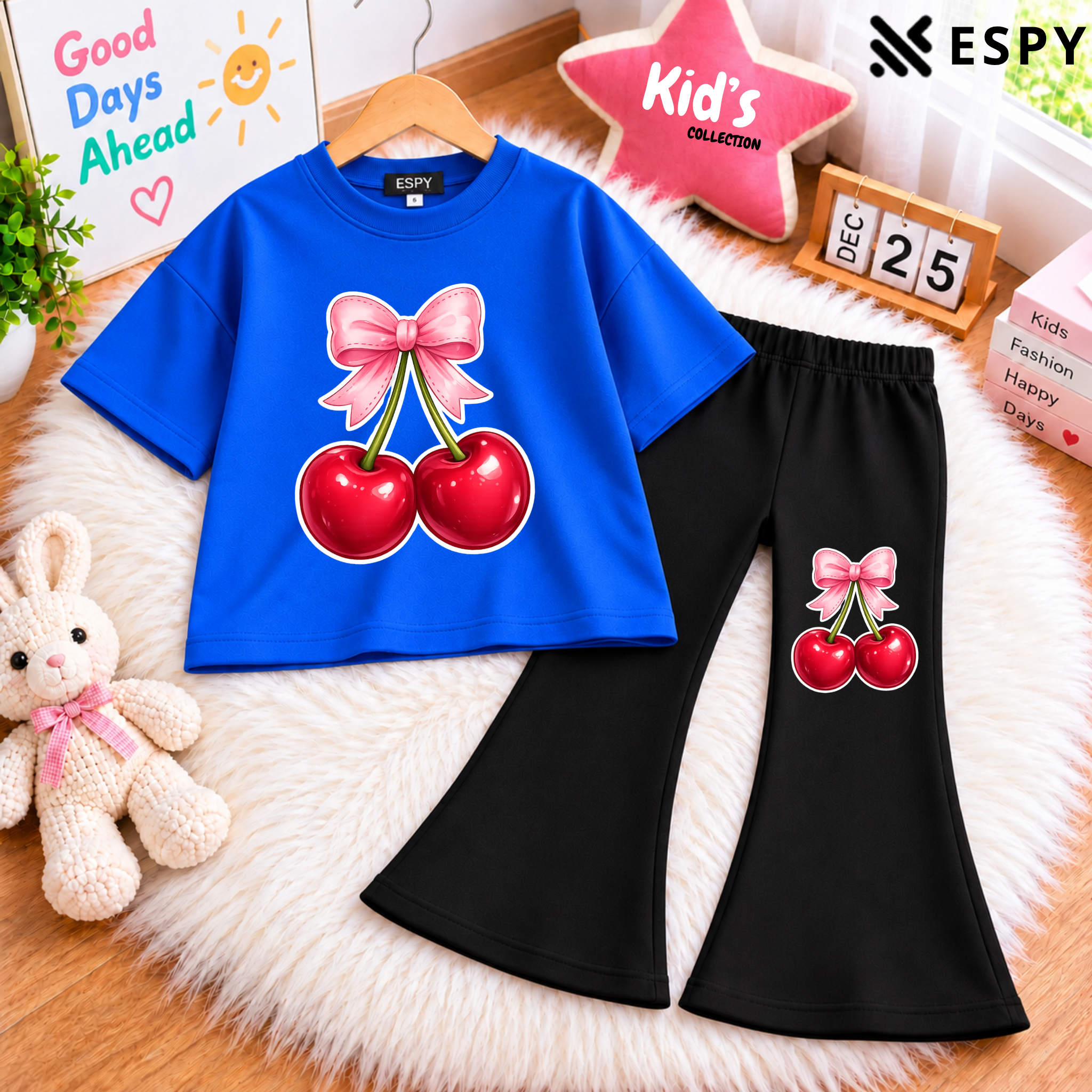 Girls Cherry Print Drop Shoulder T-Shirt & Black Flared Pants 2-Piece Outfit Set