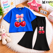 Girls Cherry Print Drop Shoulder T-Shirt & Black Flared Pants 2-Piece Outfit Set