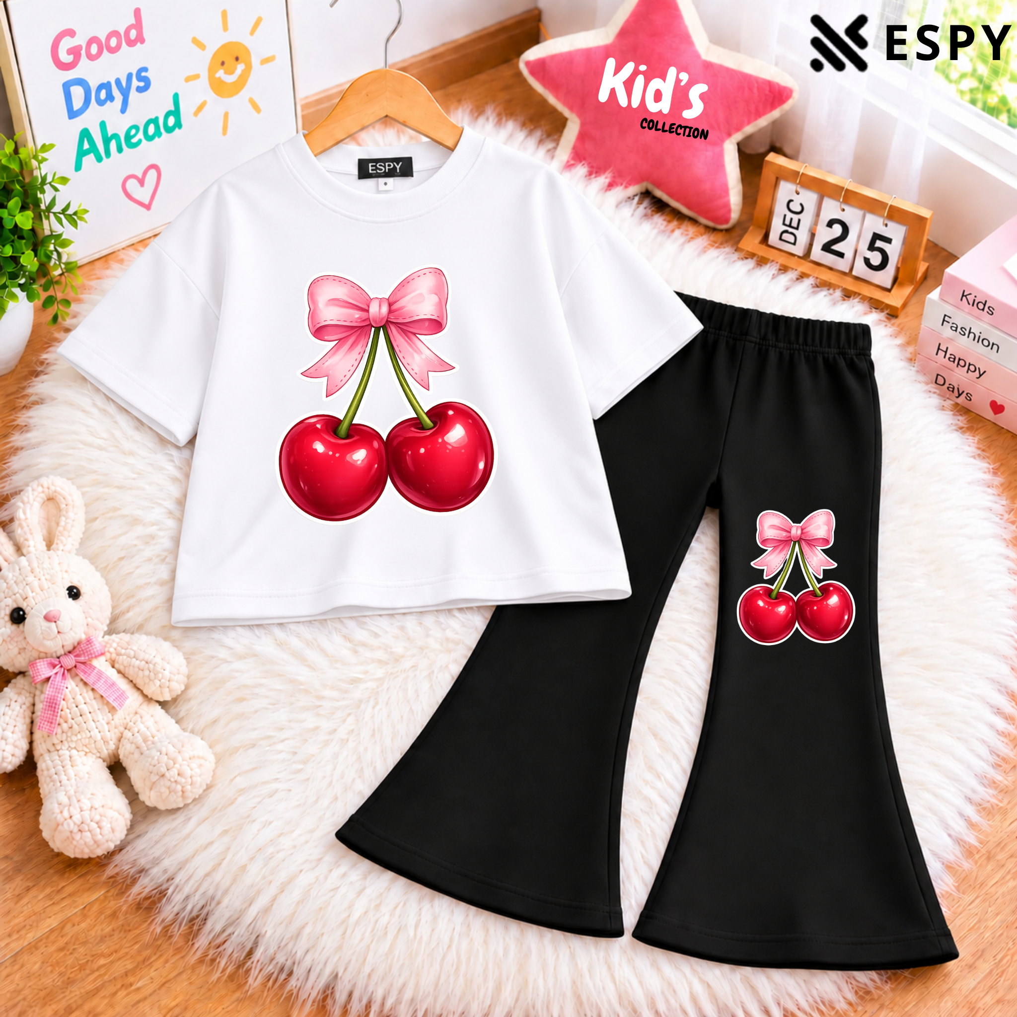 Girls Cherry Print Drop Shoulder T-Shirt & Black Flared Pants 2-Piece Outfit Set