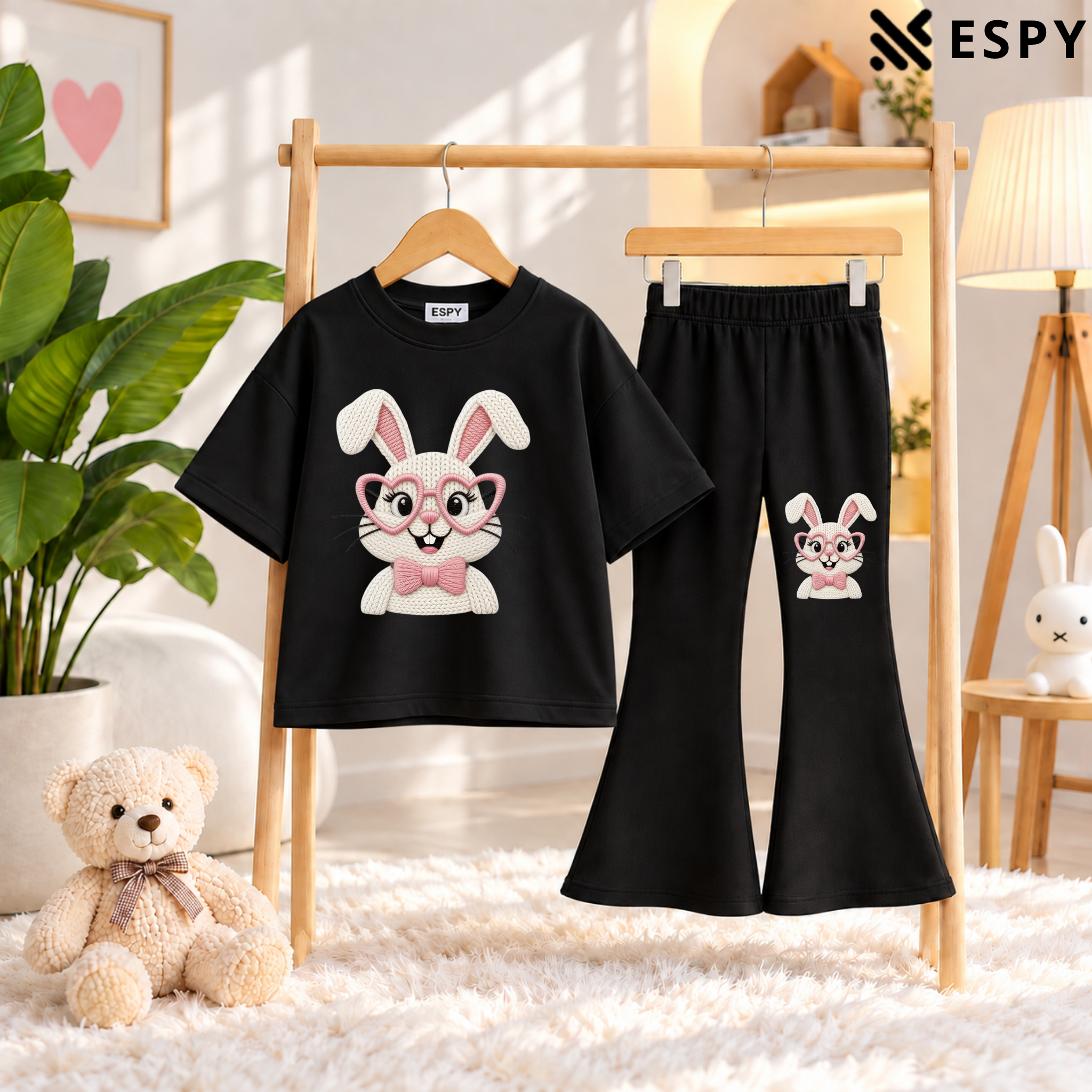 Girls Trendy Bunny Print Oversized T-Shirt with Black Flared Pants Set