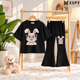 Girls Trendy Bunny Print Oversized T-Shirt with Black Flared Pants Set