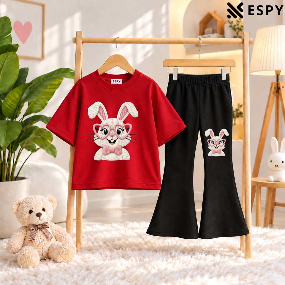 Girls Trendy Bunny Print Oversized T-Shirt with Black Flared Pants Set
