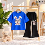Girls Trendy Bunny Print Oversized T-Shirt with Black Flared Pants Set