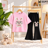 Girls Trendy Bunny Print Oversized T-Shirt with Black Flared Pants Set
