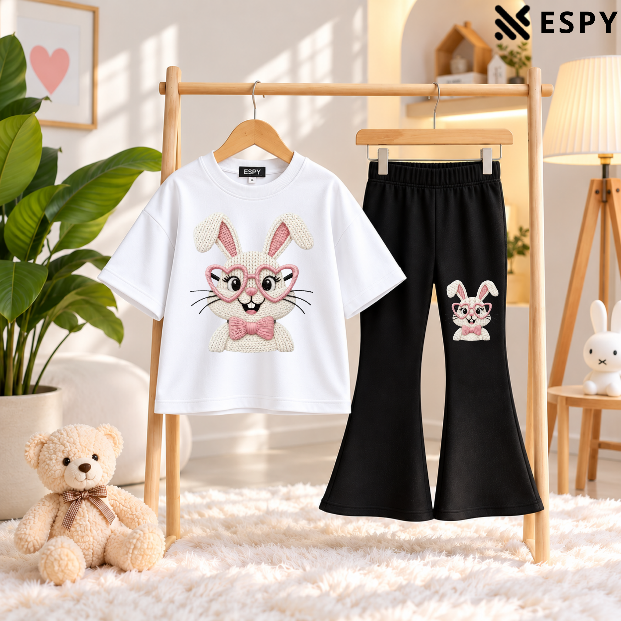 Girls Trendy Bunny Print Oversized T-Shirt with Black Flared Pants Set