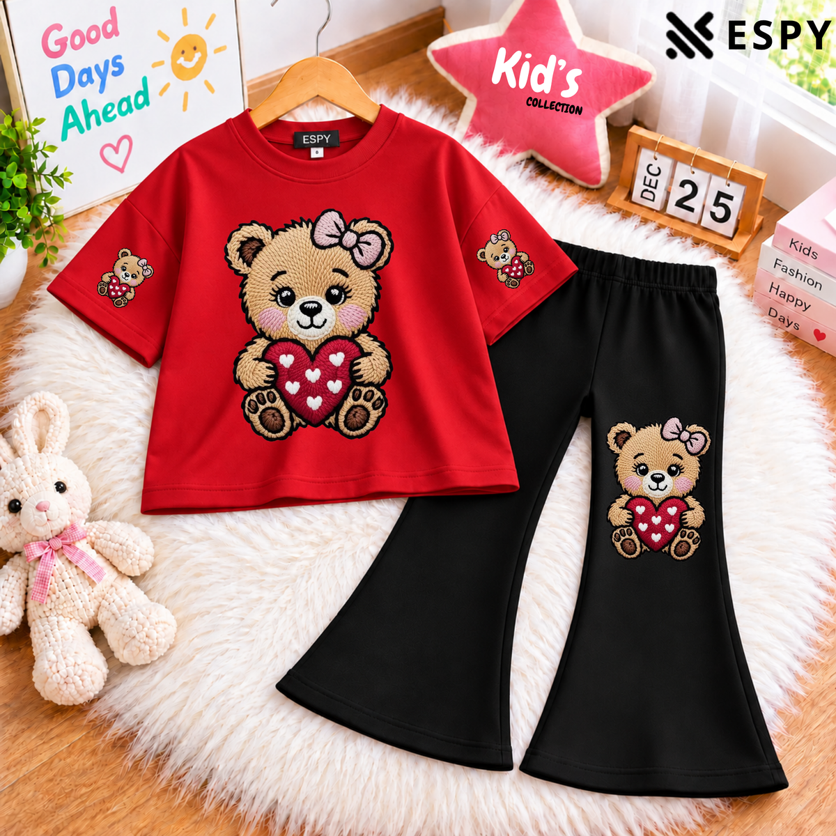 Girls Panda Print Drop Shoulder T-Shirt with Black Flared Pants Set