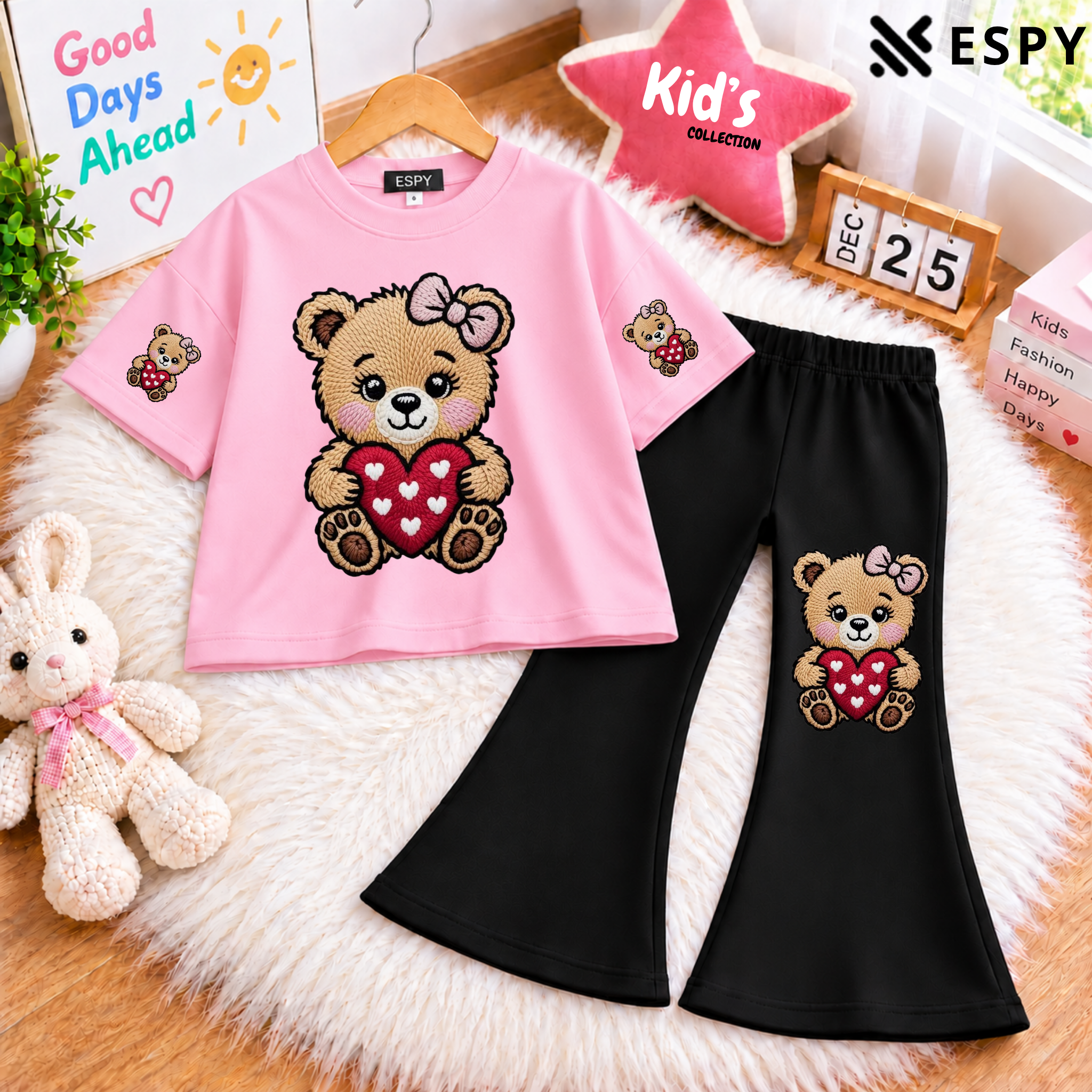 Girls Panda Print Drop Shoulder T-Shirt with Black Flared Pants Set
