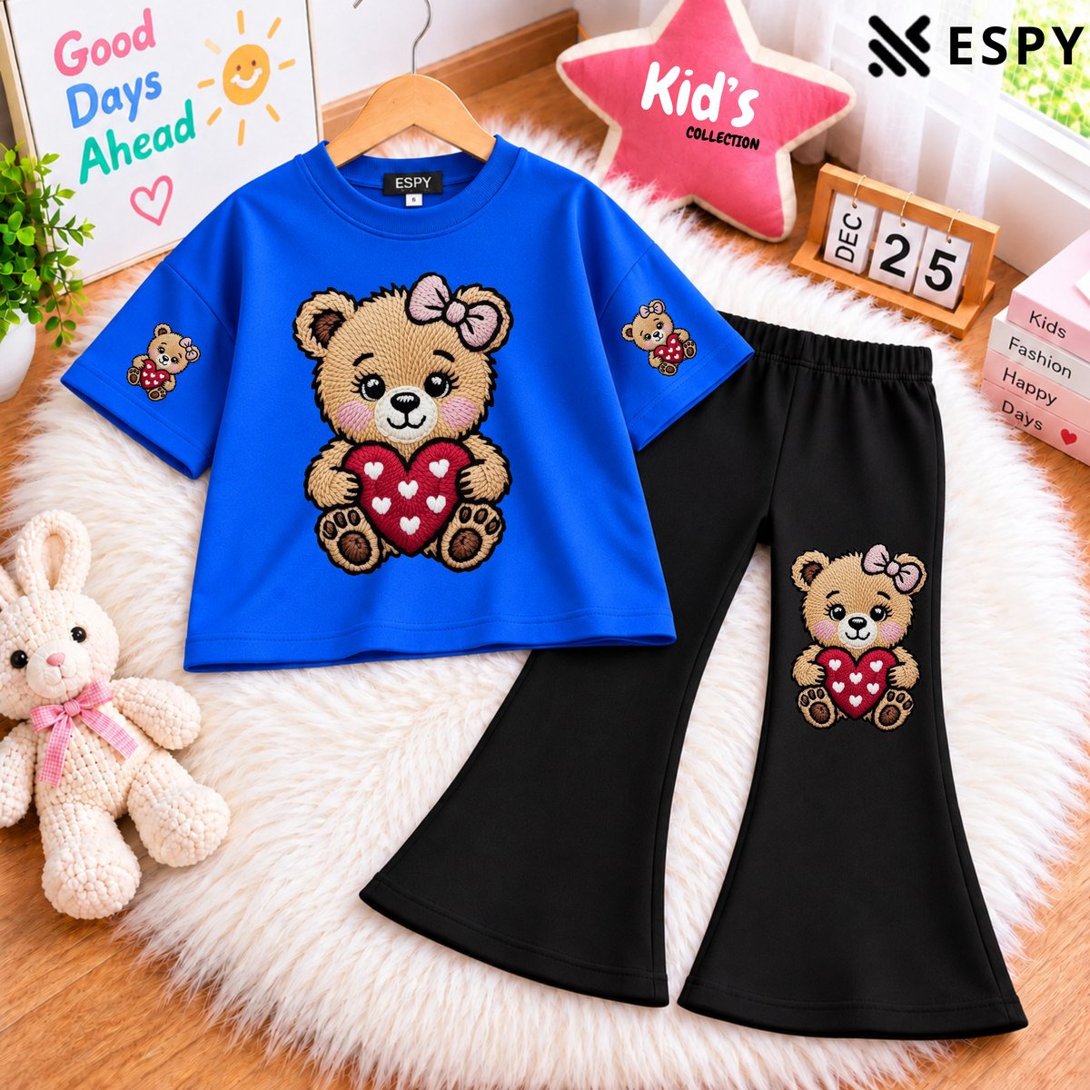 Girls Panda Print Drop Shoulder T-Shirt with Black Flared Pants Set