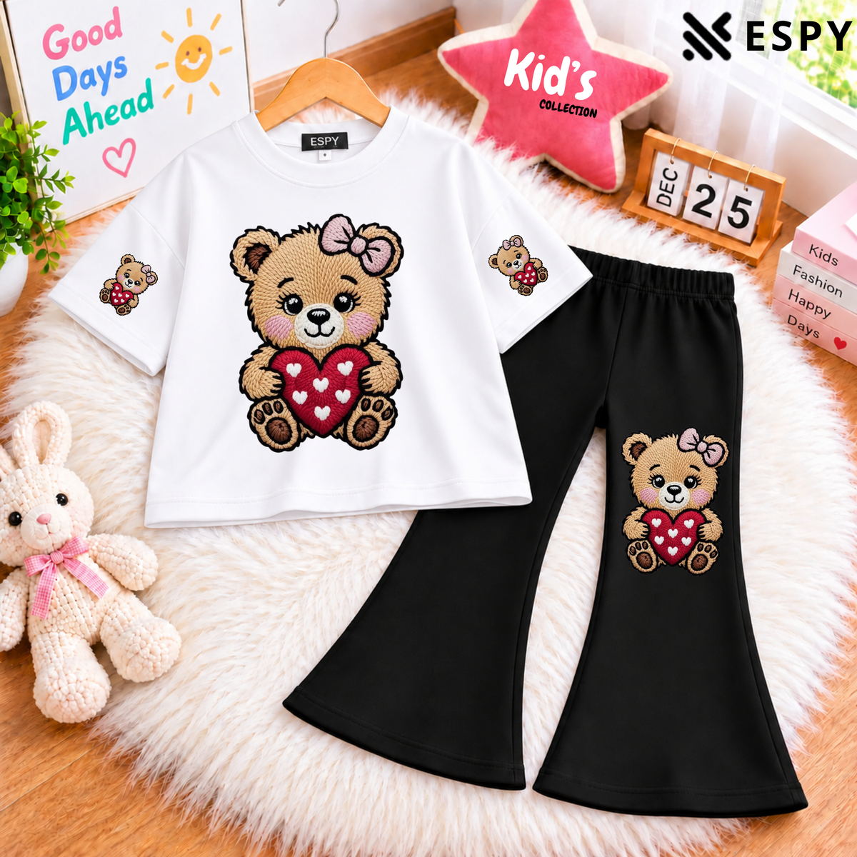 Girls Panda Print Drop Shoulder T-Shirt with Black Flared Pants Set