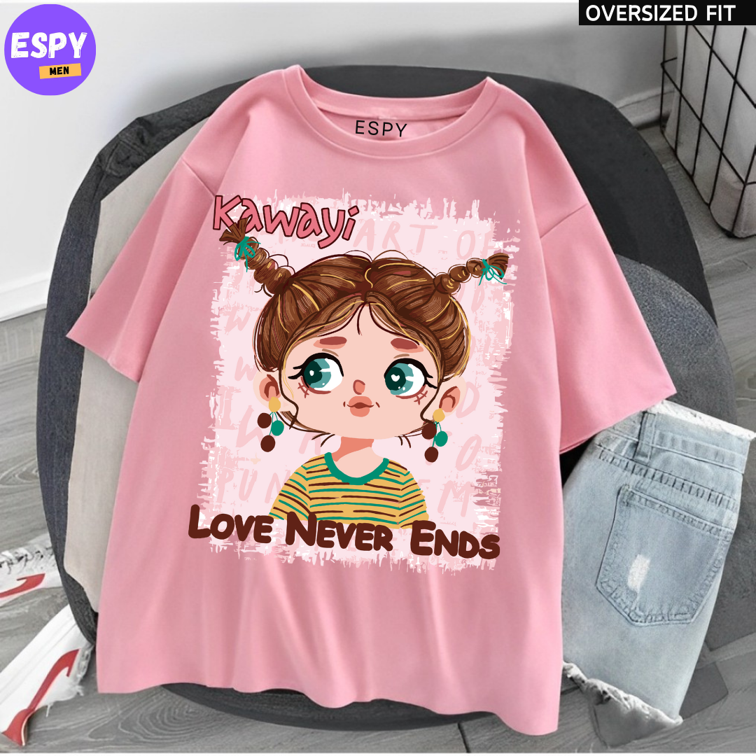 Kawaii - Oversized Printed Pink T shirt