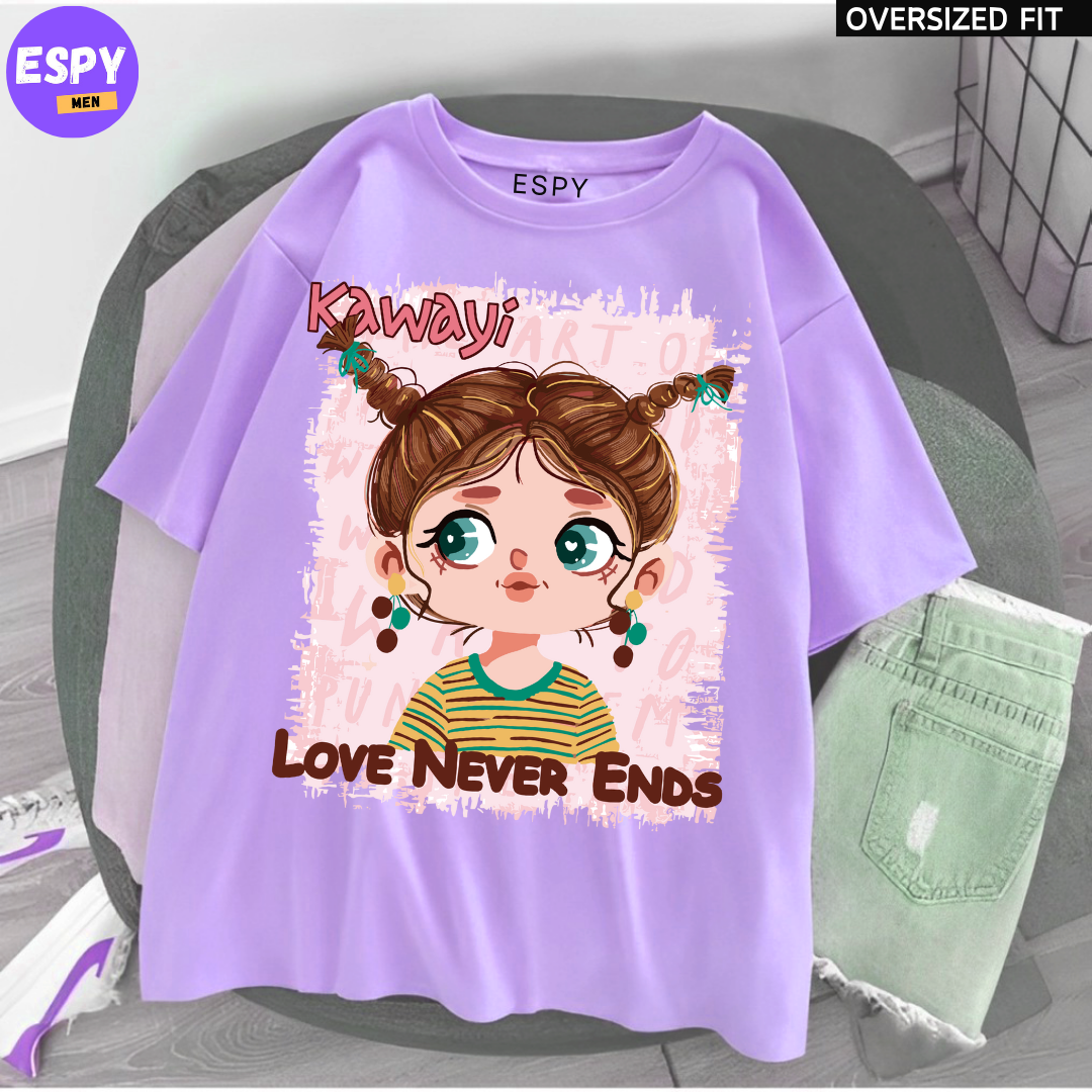 Kawaii - Oversized Printed Lavender T shirt