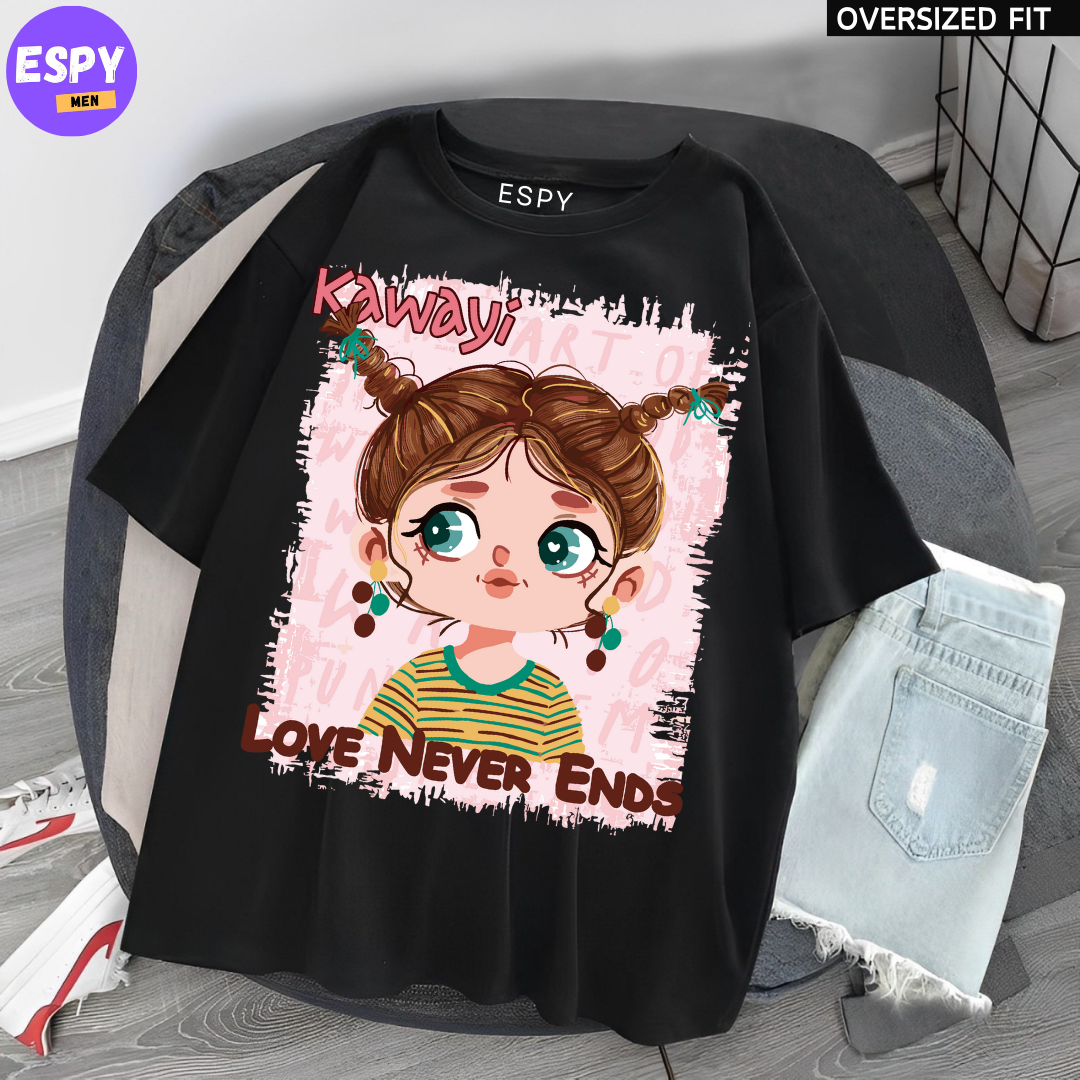 Kawaii - Oversized Printed Black T shirt