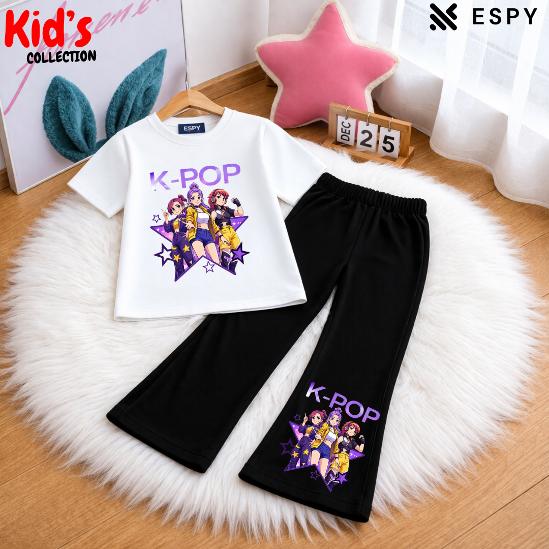 Trendy Kids K-POP 2-Piece Outfit Set – Top & Black Flared Pants